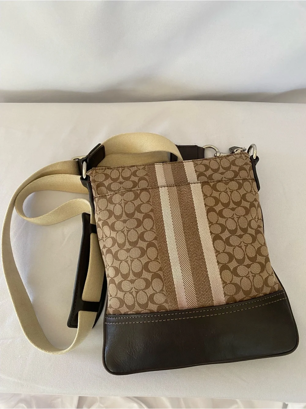 Coach Signature Stripe Crossbody in Brown and Cream
